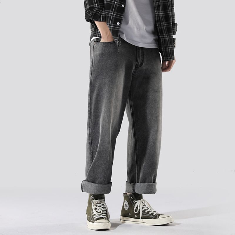 Trendy Merk Rechte Zwarte Jeans Heren Hanger Wijde Pijpen Broek