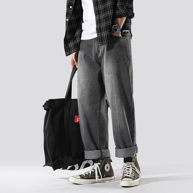 Trendy Merk Rechte Zwarte Jeans Heren Hanger Wijde Pijpen Broek