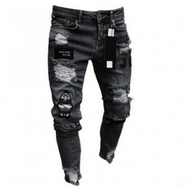 Witte High-end Denim Heren Broek Grensoverschrijdende Buitenlandse Handel Gat Trend Zwarte Slanke Jeans Mannen