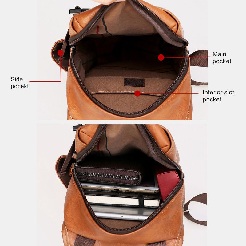 Mannen Pu-leer Grote Capaciteit Multifunctionele Headset Gat Usb Opladen Short Trip Sling Bags Crossbody Bag Borsttas