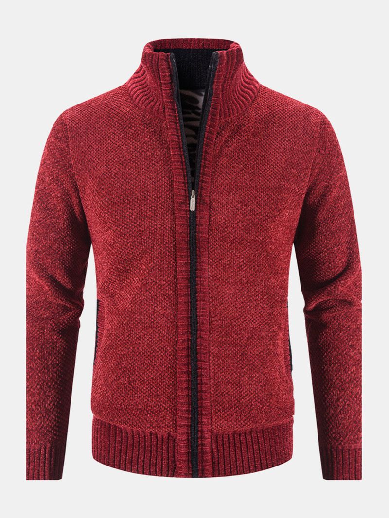 Heren Gebreid Plus Fluwelen Elastische Zoom Zakken Rits Pure Solid Sweater Vesten