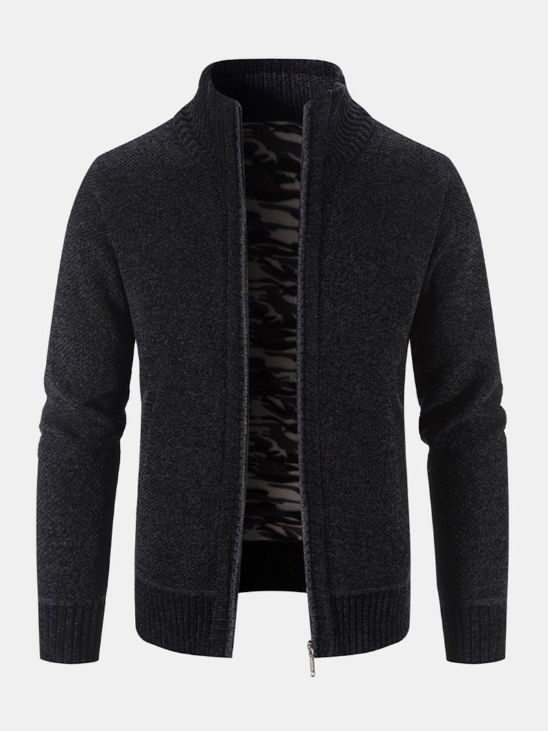Heren Gebreid Plus Fluwelen Elastische Zoom Zakken Rits Pure Solid Sweater Vesten