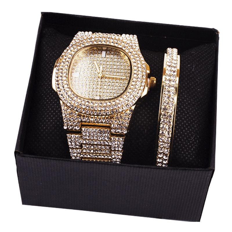 2 Stks/set Luxe Mode Vrouwen Horloge Set Bling Ingelegd Strass Quartz Horloge Sieraden Gift