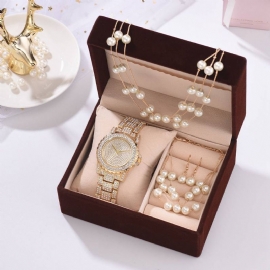 4-delige Dameshorloge Set Volledige Diamanten Ronde Horloge Parel Armband Oorbellen Ketting Geschenkset