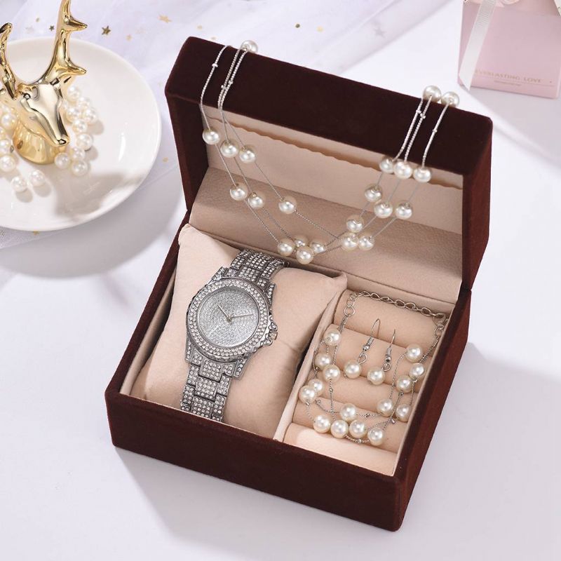 4-delige Dameshorloge Set Volledige Diamanten Ronde Horloge Parel Armband Oorbellen Ketting Geschenkset
