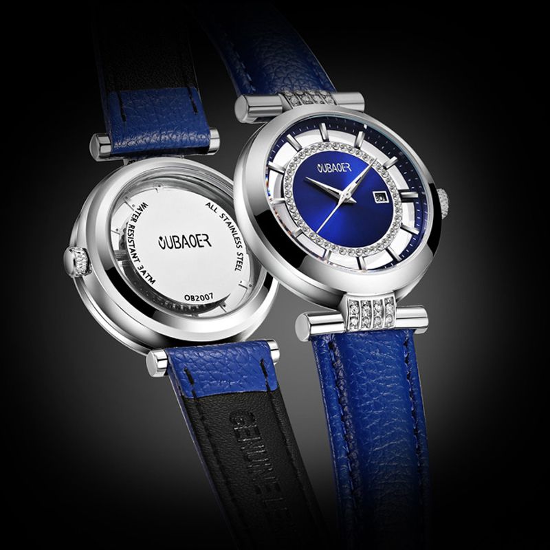 Blauwe Strass Dames Polshorloge Lederen Band Quartz Horloges