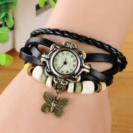 Dames Casual Vintage Multilayer Vlinder Kunstleer Armband Quartz Horloge