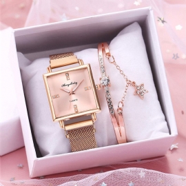 Dames Mode Horloge Set Creatieve Vierkante Wijzerplaat Magneet Gesp Rvs Mesh Band Vrouwen Quartz Horloge Elegante Armband