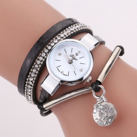 Kristallen Hanger Dames Armband Horloge Retro Stijl Lederen Band Quartz Horloge