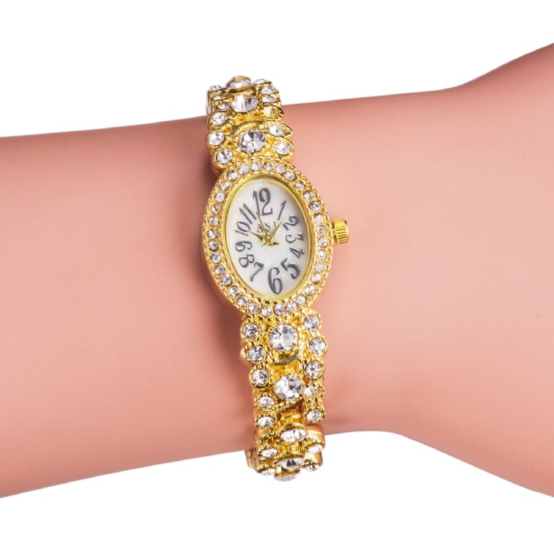 Luxe Delicaat Met Diamanten Ovale Wijzerplaat Vrouwen Waterdicht Roestvrij Stalen Band Quartz Horloge