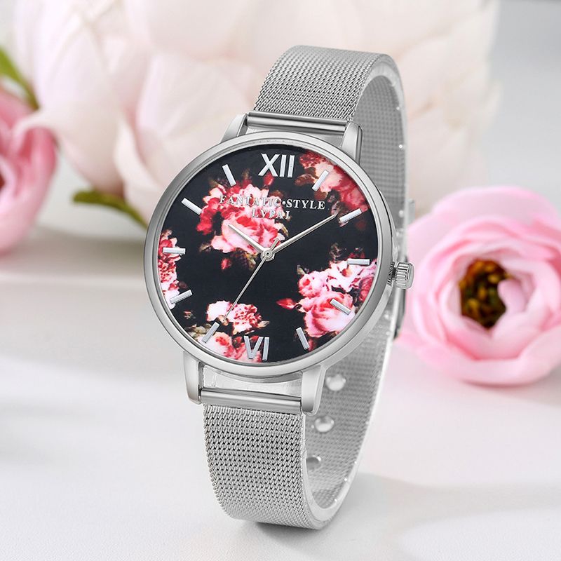 Mesh Stalen Band Casual Stijl Dames Polshorloge Bloem Elegant Design Quartz Horloge