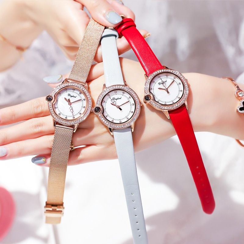 Mode Casual Nano-gesneden Vrouwen Horloge Diamond Case Hardlex Glas Waterdicht Lederen Band Vrouwelijk Quartz Horloge