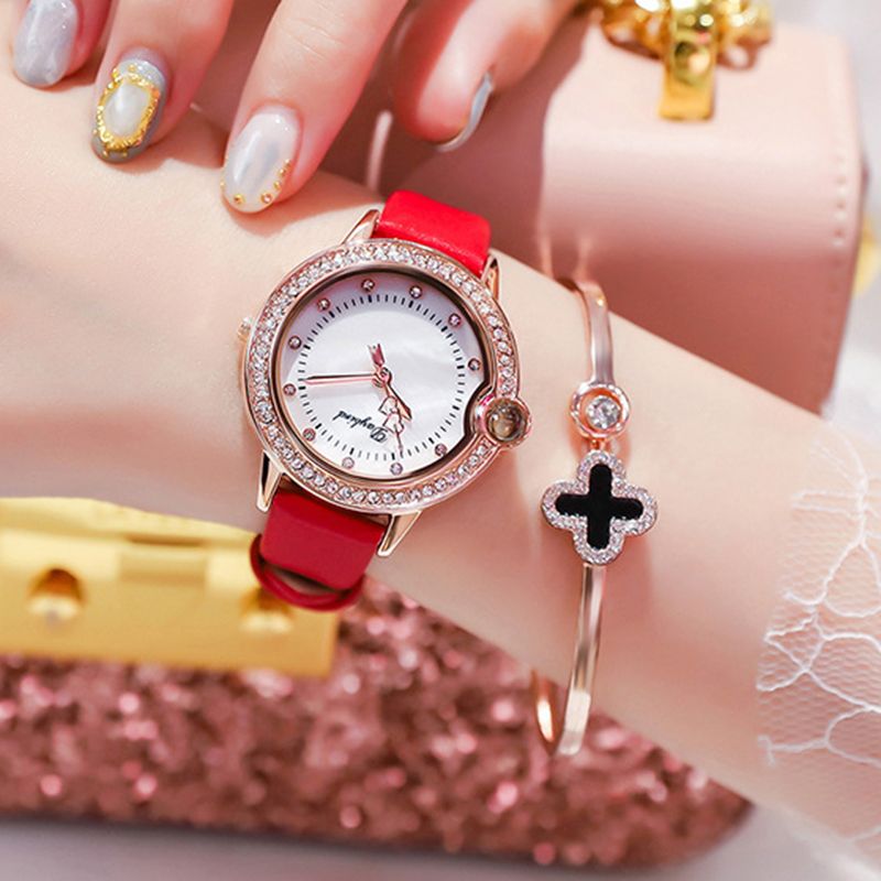 Mode Casual Nano-gesneden Vrouwen Horloge Diamond Case Hardlex Glas Waterdicht Lederen Band Vrouwelijk Quartz Horloge