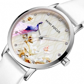Mode Dames Pauw Bloemenpatroon Lederen Quartz Horloge