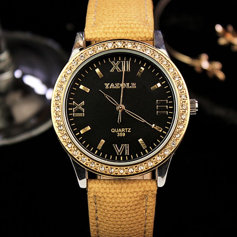 Mode Dames Quartz Horloge Retro Crystal Gold Luxe Lederen Horloge Dameshorloge