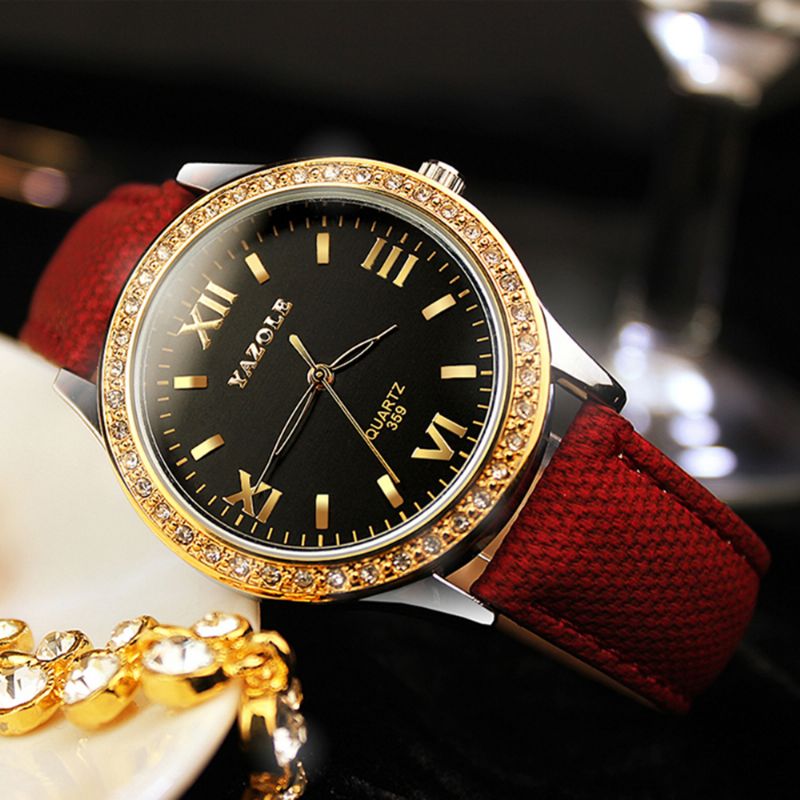Mode Dames Quartz Horloge Retro Crystal Gold Luxe Lederen Horloge Dameshorloge