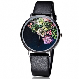 Mode Dames Ultradunne Horlogekast Bloempatroon Wijzerplaat Lederen Band Quartz Horloge