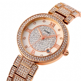 Mode Elegant Horloge Strass Decoratie Zink Horlogebandje Datumweergave 3atm Waterdicht Vrouwelijk Quartz Horloge