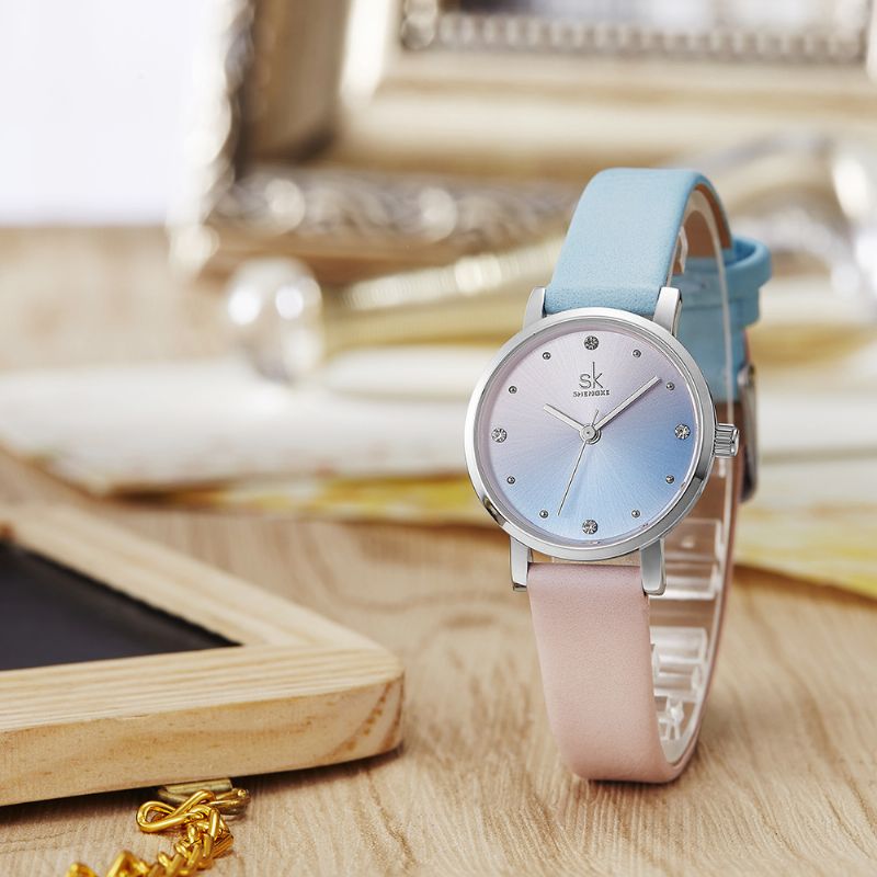Mode Kleurverloop Lederen Band Luxe Dames Quartz Horloge Met Kristallen Wijzerplaat