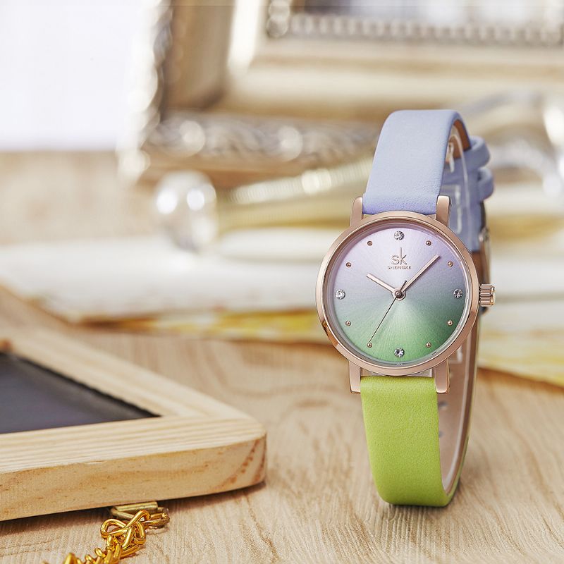 Mode Kleurverloop Lederen Band Luxe Dames Quartz Horloge Met Kristallen Wijzerplaat