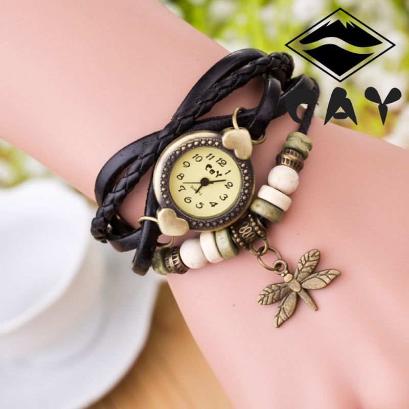 Mode Vintage Multi-layer Dragonfly Hanger Kralen Armband Quartz Horloge Horloge