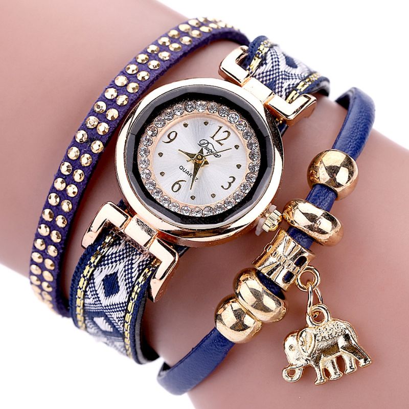 Modieuze Gouden Olifant Dames Armband Horloge Lederen Band Quartz Horloges