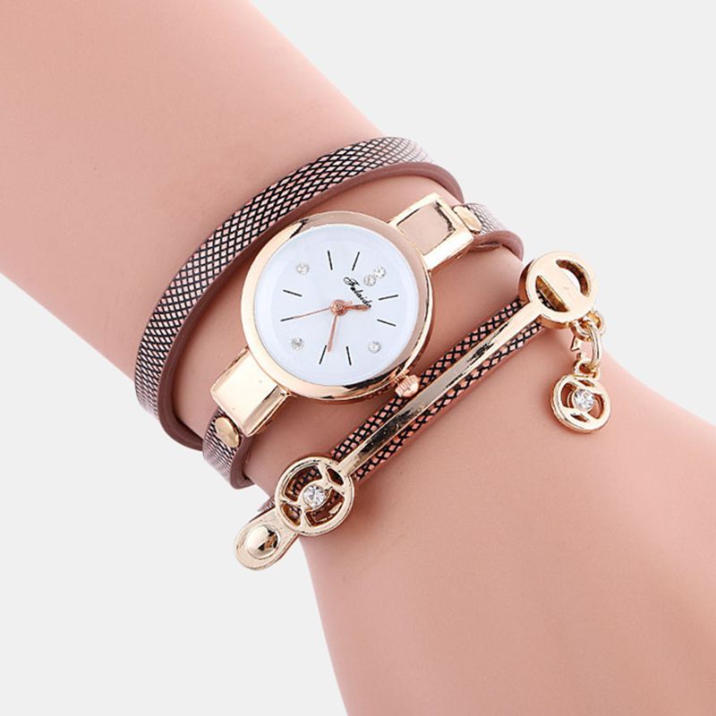 Retro Pu-band Strass Multi-layer Horloge Metalen Hanger Verstelbaar Klassiek Dames Quartz Horloge