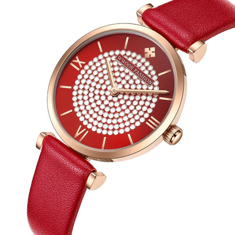 Sky Diamond Dial Dames Polshorloge Lederen Horlogeband Quartz Horloge