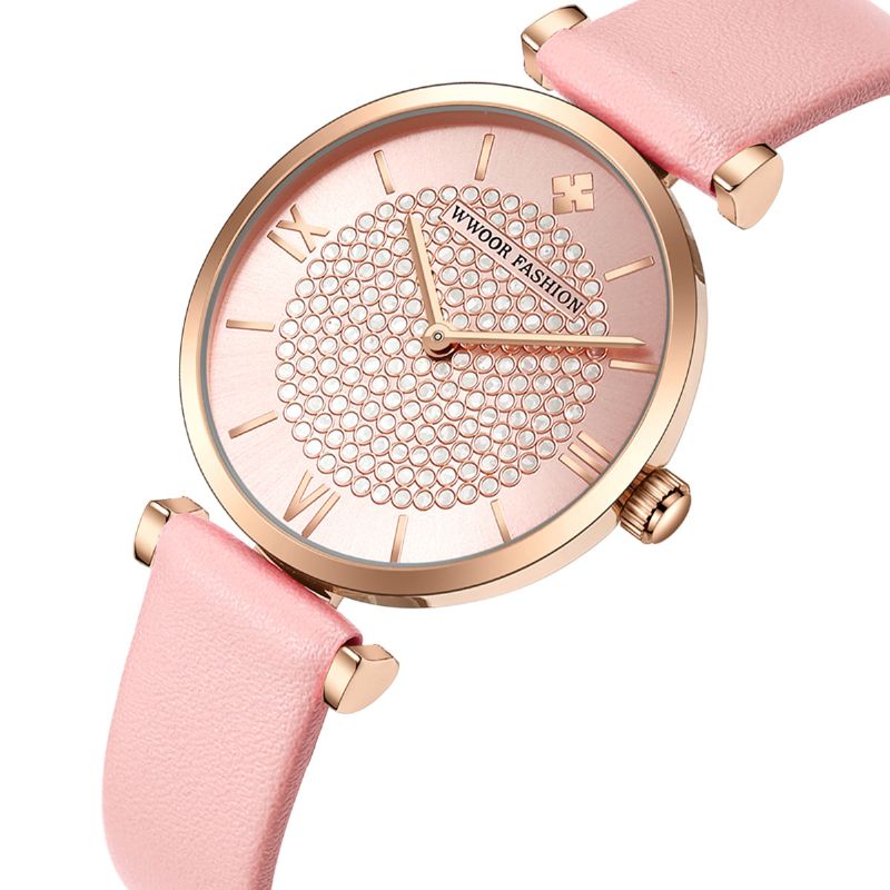 Sky Diamond Dial Dames Polshorloge Lederen Horlogeband Quartz Horloge