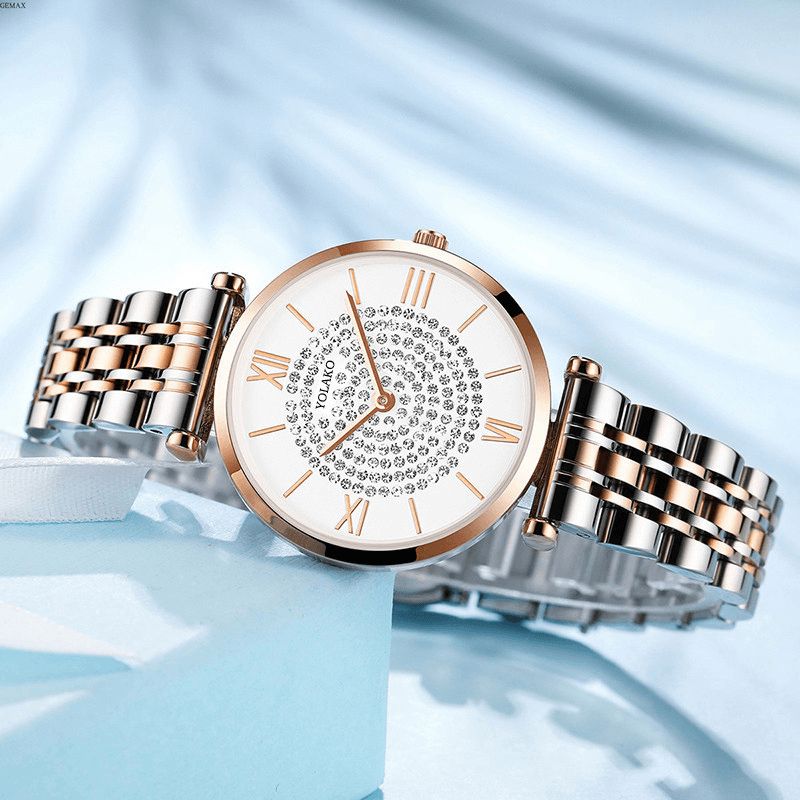Trendy Elegante Dames Horloges Volledige Romeinse Cijfers Steentjes Mount Dial Quartz Horloges
