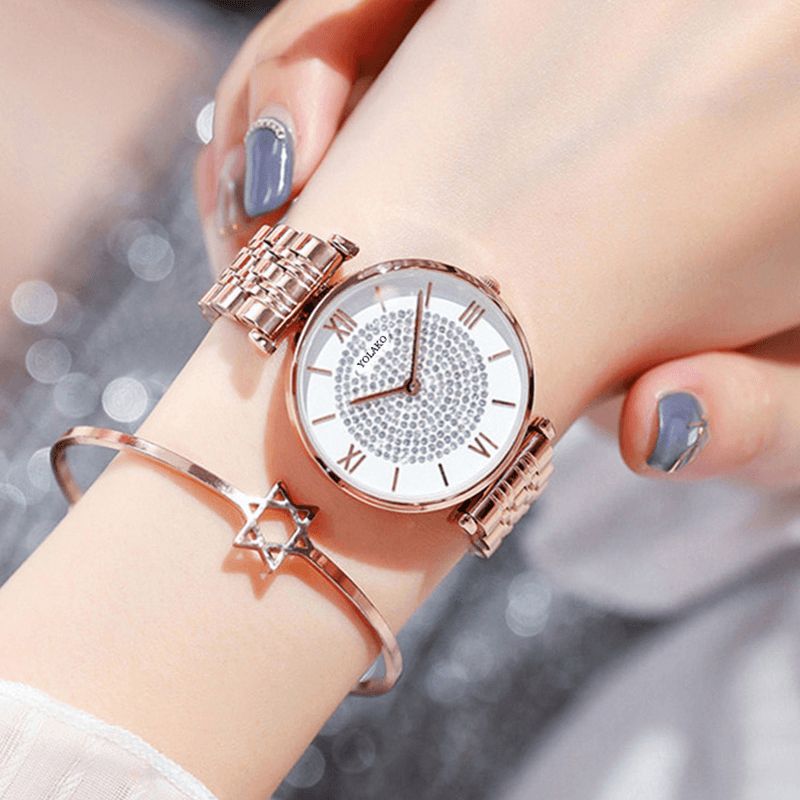 Trendy Elegante Dames Horloges Volledige Romeinse Cijfers Steentjes Mount Dial Quartz Horloges