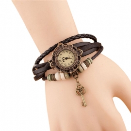 Vintage Meerlagige Sleutel Hanger Lederen Band Dames Quartz Horloge Armband Horloge